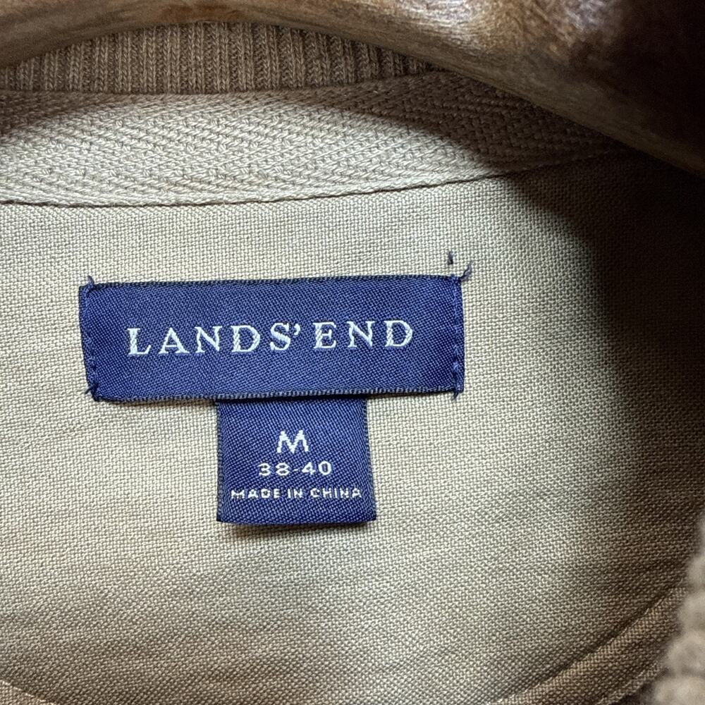 Lands End Mens Quarter Zip Pullover Sweater Size M Camel Tan Cotton Elbow Patch - Picture 2 of 6